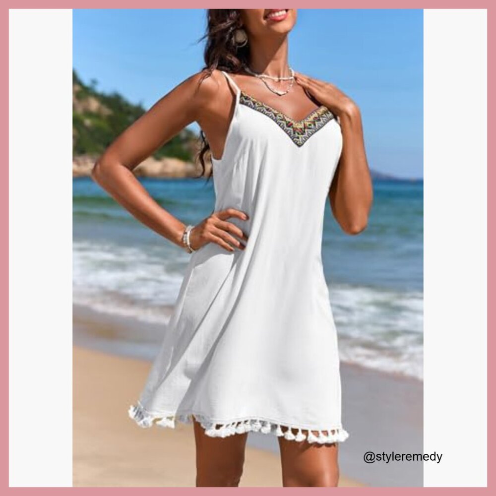 Polyester V-Neck Spaghetti Strap Embroidered Sund… - image 4